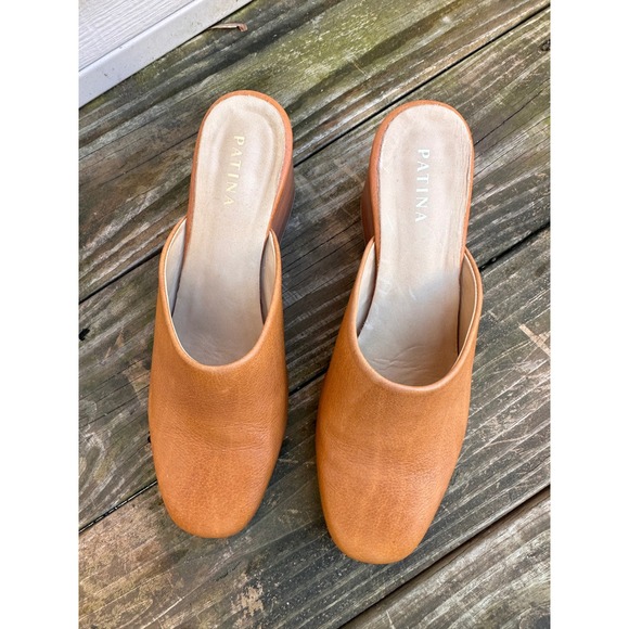 Patina Tan Leather Block Heel Mules Slip On Almond Toe Shoes Size 11 - Picture 5 of 8
